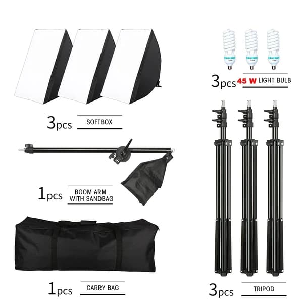 Softbox-belysningskit, justerbart stativ, E27-baserad kompatibilitet,3st 45W Lampa