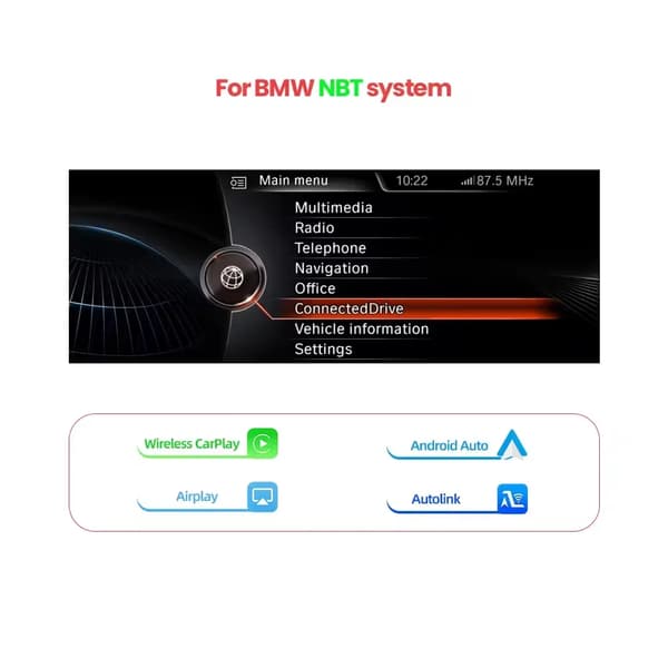 CarPlay Android Auto-dekoder, trådlös anslutning, kompatibilitet med BMW NBT-system, OEM-kontrollbevarande, NBT System
