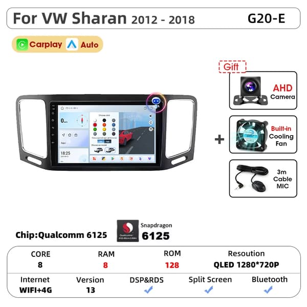 Bilstereo, Touchskærm, Problemfri Forbindelse, kompatibel med Bilmodel Sharan 2012-2018 Snapdragon 6125 Trådløs,G20-E-MIC-CAM