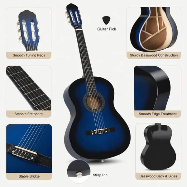 Klassisk Gitarr, Solid Lönn, Elegant Design,Blå