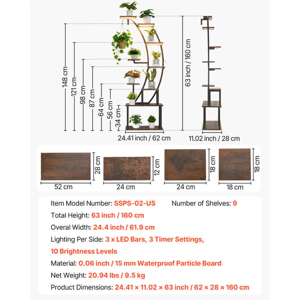 Planteholder, Justerbar Lysstyrke, Timerfunktion,63tommer