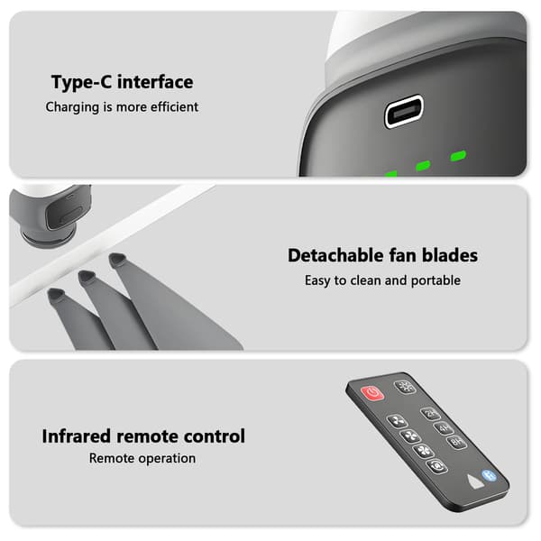 Loftventilator, USB-genopladelig, 4 hastighedsindstillinger,Lys Grå, EU