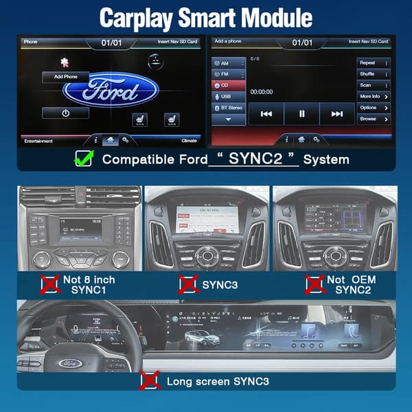 Langaton Carplay-moduuli, tukee Android Autoa, integroitu GPS-navigointi,Ford Sync2:lle