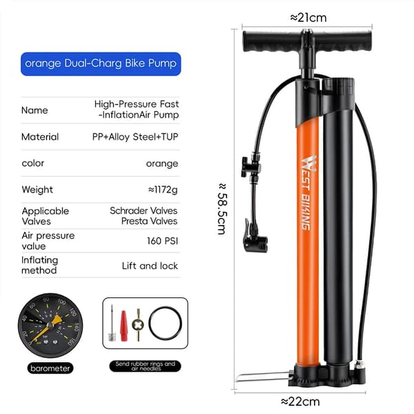Cykelpump, Manuell Drift, 160 PSI Tryckmätare,Ny Svart Orange