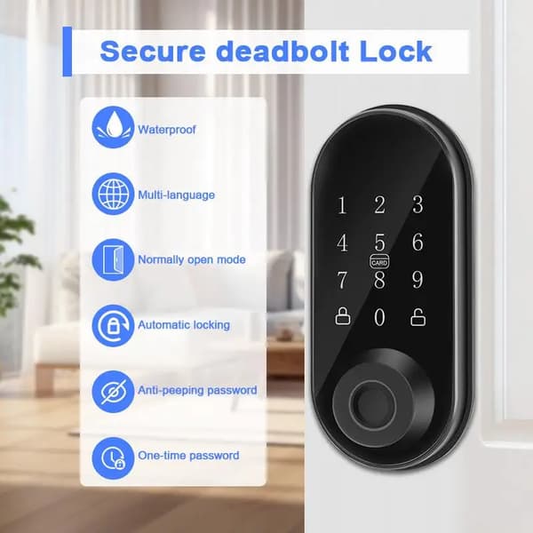 Smart dødboltlås, USB-genopladelig, touchscreen-interface, flere låsemuligheder, automatisk låsefunktion, holdbart metallegering