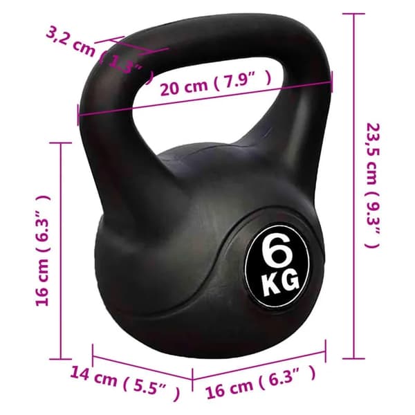 Kettlebell, 6 kg vægt, ergonomisk skridsikker greb,sort