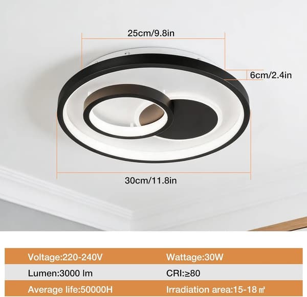 LED Loftlampe, Dæmpbar, Tre Farvetemperaturer,HVID, SORT, 30W
