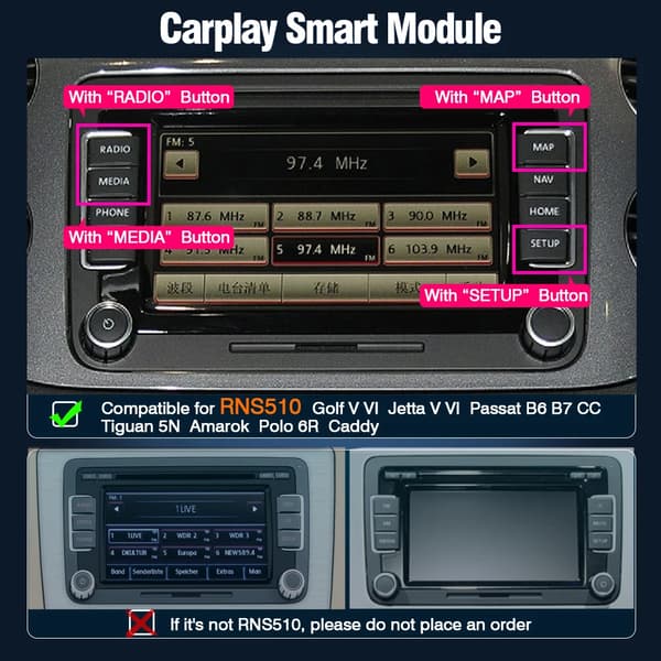 Trådløs CarPlay Android Auto, Kamerastøtte, GPS-navigation,Til VW RNS510