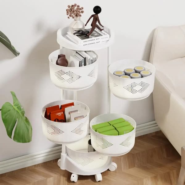 Hemförvaringsvagn, 5-lagersdesign, roterande korg,Vit, S