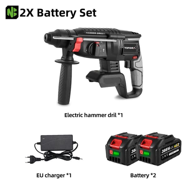 Rotary Hammer, 1680W Effekt, Multifunktionel Kapacitet,2XBattery Sæt-C
