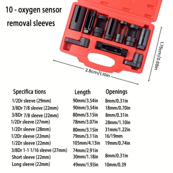 Oxygen Sensor Socket Værktøjssæt, 10 Stykker, Holdbart Krom-Vanadium Stål,10Pcs med etui