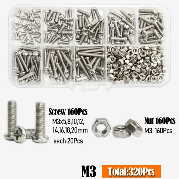 Maskinskruer, 304 rustfrit stål, Phillips drevestil,320stk M3