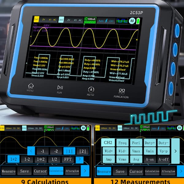 Digitalt Oscilloskop, Multimeter, Signalgenerator,sort