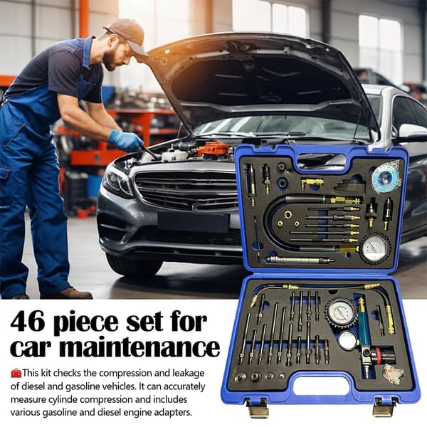 Kompressionstestare Kit, 46 Delar, Dubbelmätare, Hög Precision, CE Certifierad, Bred Kompatibilitet