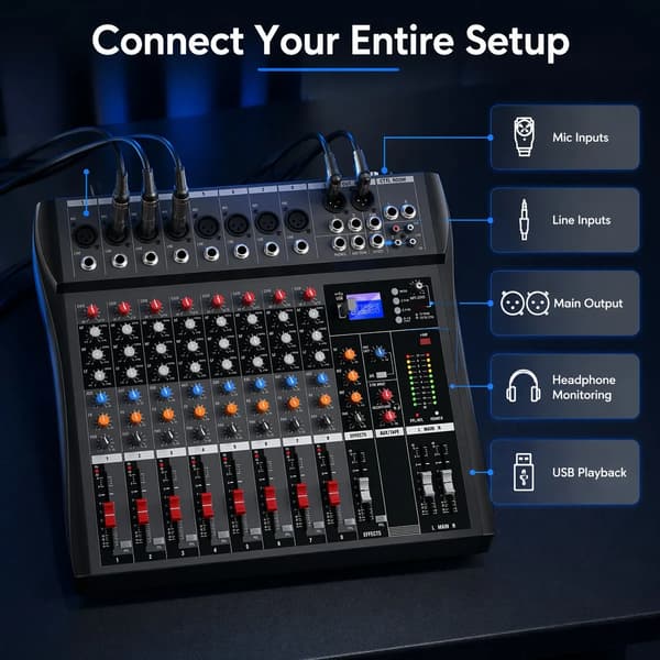 Lydmixer, 8 Kanaler, USB Afspilning, 3-Bånd EQ, FX Send, 48V Phantom Strøm