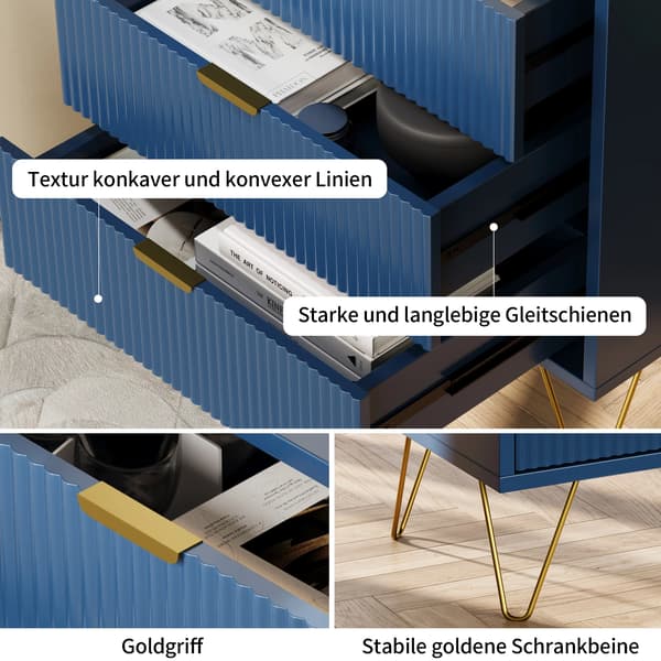 Natsbord, 3 Skuffer, Moderne Design,Mørkeblå 60*40*70cm
