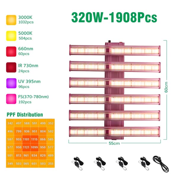 Fuldspektret LED vækstlys, dæmpbart, 110-240V, aluminiumsmateriale,320W