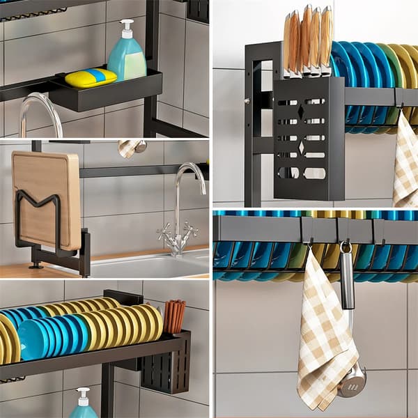 Over vasken opbevaringshylde, holdbart materiale, pladsbesparende design,sort, 2-niveau