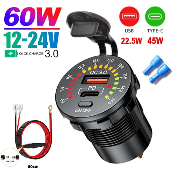 USB Oplader Stik, Dobbelt USB Porte, LED Voltmeter,QC3.0 PD med ledning