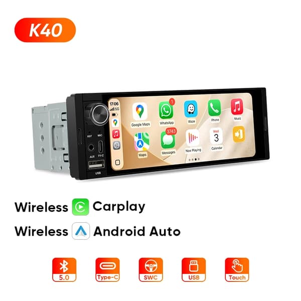 Carplay, Multimedia-spelare, Pekskärmsgränssnitt, Stöder flera format,K40 Trådlös Carplay