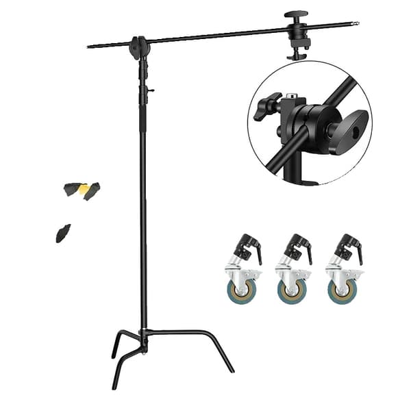 Fotografi C Stativ, Justerbar Højde, Holdbart Rustfrit Stål,2.6m Sort hjul