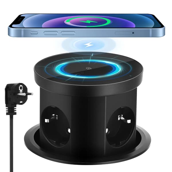 Retractable Pop-Up Stikdåse, Trådløs Opladning, USB-porte,220V, sort