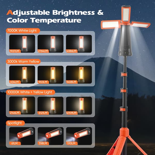 Campinglys, Justerbar Stativ, 9000mAh Batteri,Appelsin