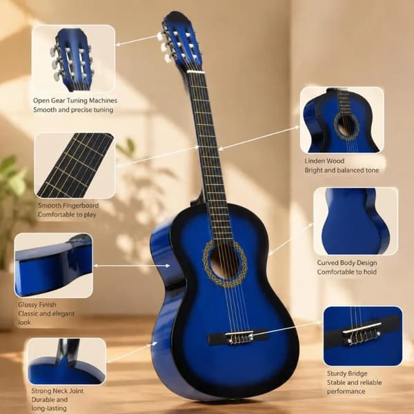Klassisk Gitarr, Solid Basswood Konstruktion, Inkluderar Bärväska,Blå