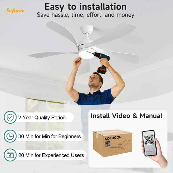 Loftventilator, DC-motor, Justerbart LED-belysning,30W, 220 V, Hvid