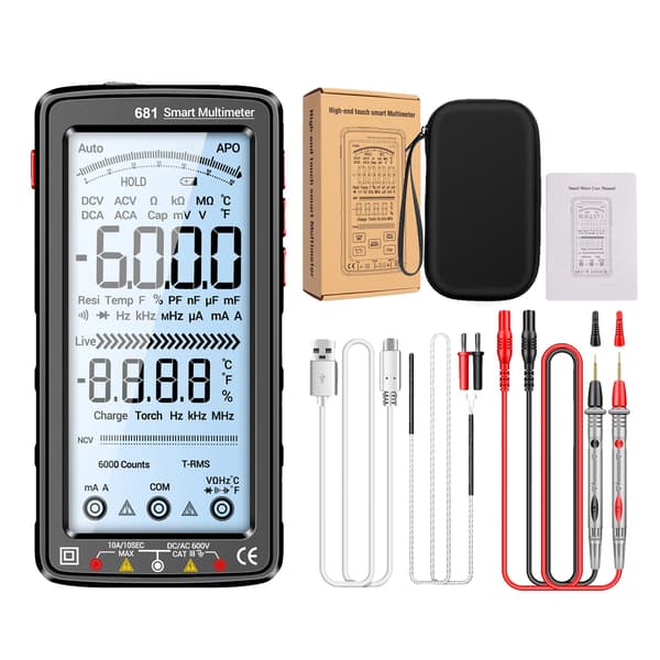 Digital multimeter, 5 tommer baggrundsbelyst LCD, genopladelig,sort