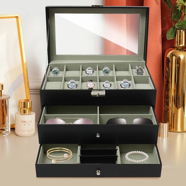 Smykkeskrin Organizer, 12 Ur Slots, 2 Skuffer,sort