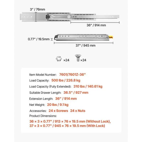 Lådskena, 914 mm längd, 226,8 kg lastkapacitet, fullständig utdragsdesign, stålmaterial, sidomontering