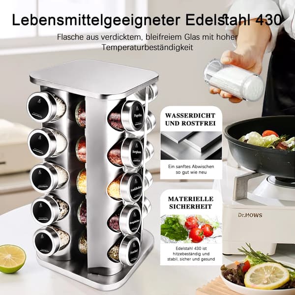 Krydderihylde, Rustfrit Stålramme, 360° Drejelig Design,Krydderiglas sæt