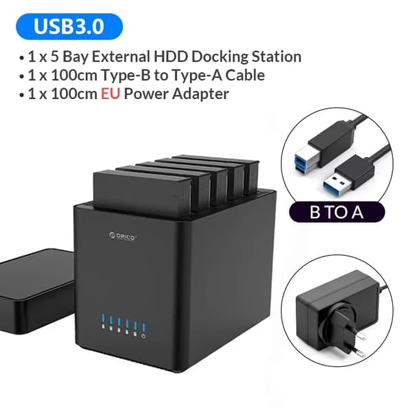 Kiintolevykotelo, 5 laitepaikkaa, USB 3.0/Type-C -liitäntä,USB3.0 EU Plug