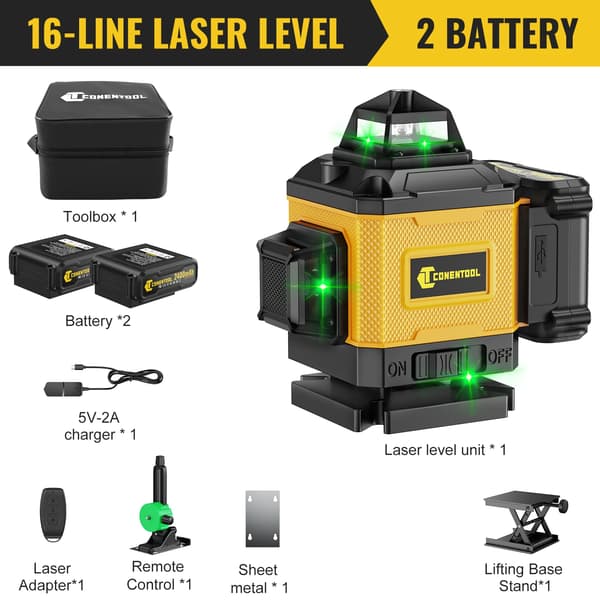 Laser Niveau, 16 Linjer, 360° Krydslinje,Pose uden stativ