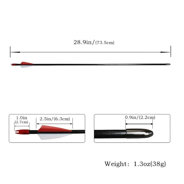 Bueskydningspile, Glasfiber Skaft, Stålspids, Plastfjer, 29 Tommer Længde, 12 Stykker