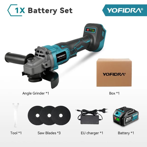 Vinkelslip, Borstlös motor, Variabel hastighetskontroll, 1 batterisats