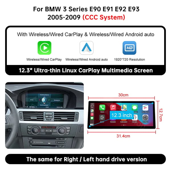 Trådløs Carplay, Multimedia Display Skærm, Touch Skærm, Multi-Sprog Support, 12.3 E90 CCC