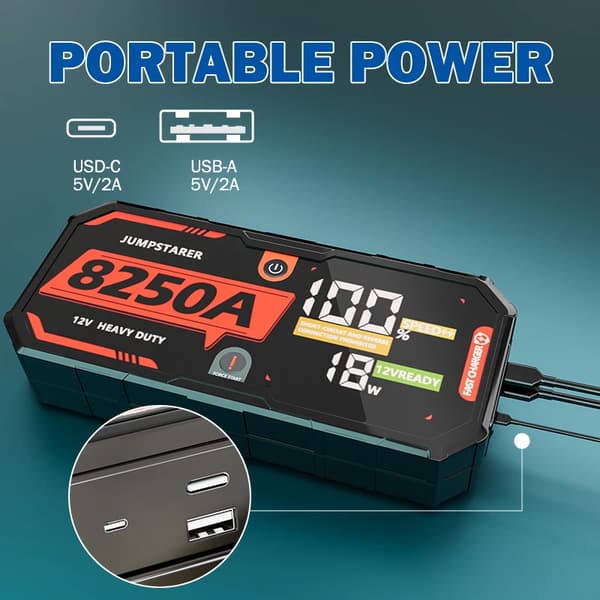 Bil Jump Starter, 32000mAh Batteri, LED Nødlys,8250A