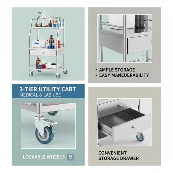 Laboratorie Servicetrolley, Rustfrit Stål, 3-Lags Design,Sølv