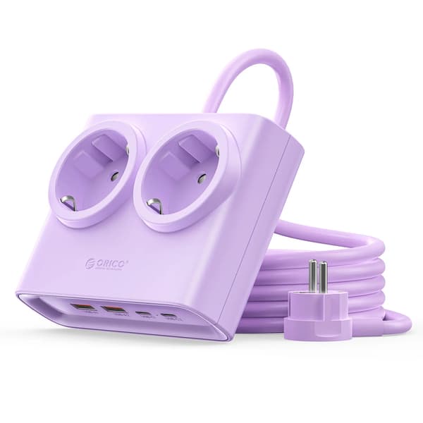 Strømstik, 2 AC-stik, 2 USB-porte,25W EU Lilla