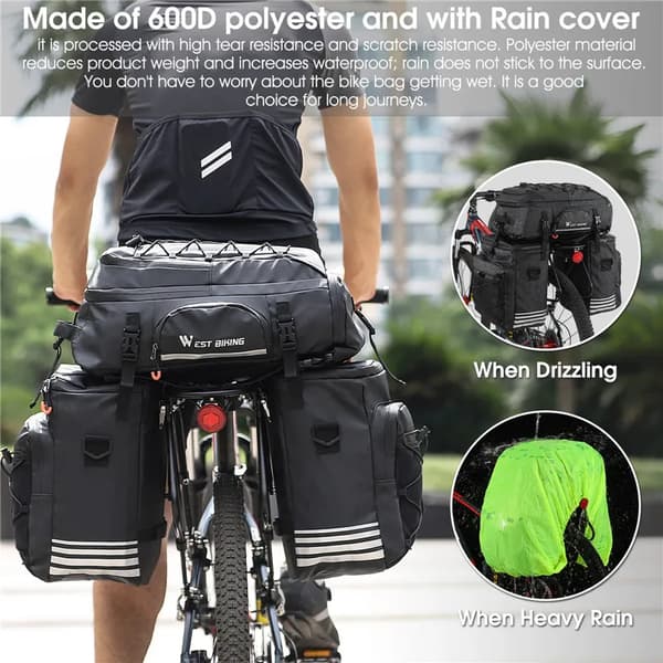Cykeltaske, 48L kapacitet, vandtæt design,Sort