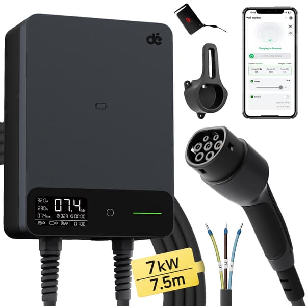 Elbiloplader, 7,4 kW effektudgang, Wifi-forbindelse,7.5m Sort