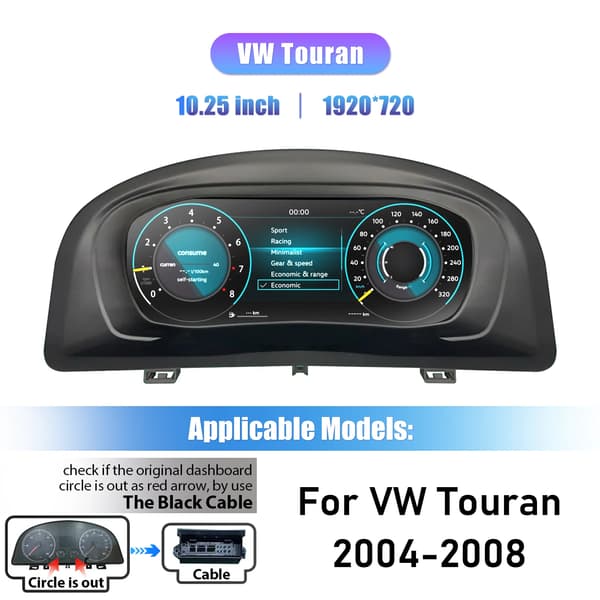 Digital Cluster, 10,25 tommer skærm, Multi-Sprog Support,Til VW Touran 04-08