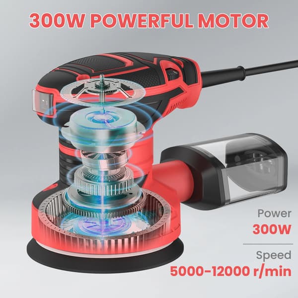 Elektrisk excenterslip, 6 hastighetsinställningar, dammuppsamlingssystem,300W