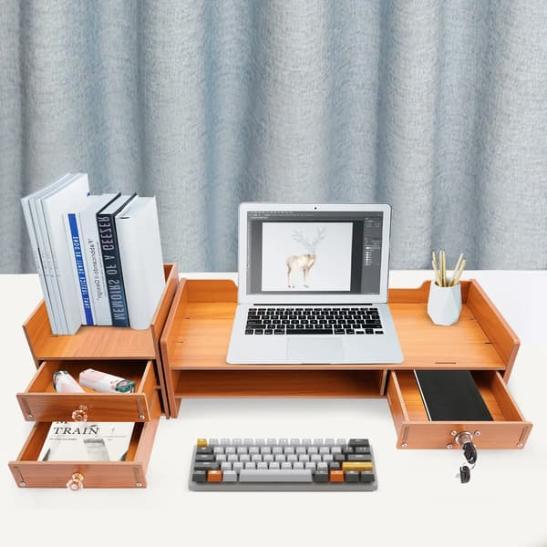 Monitorstand, Opbevaringsskuffer, Pladsbesparende Design,Træ