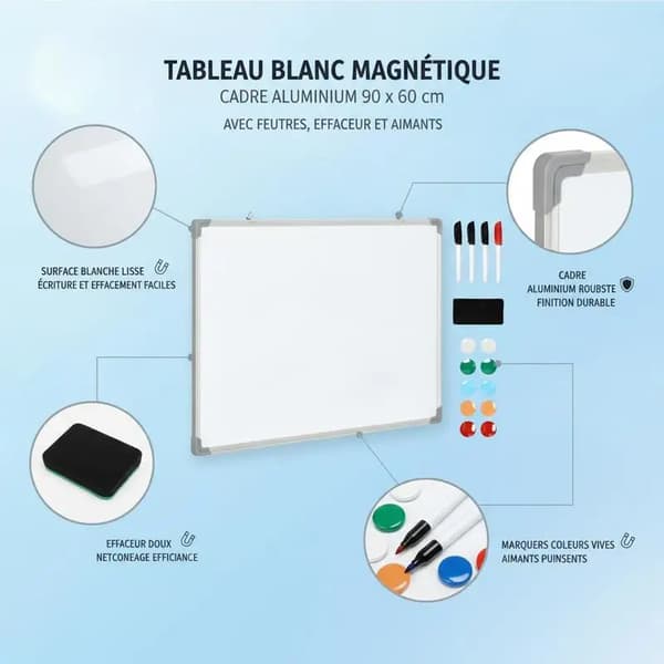 Magnetisk Whiteboard, Robust Aluminiumramme, Inkluderer Tilbehør,1