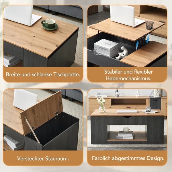 Kaffebord, Multifunktionell Design, Dold Förvaringsutrymme,Grå och Brun