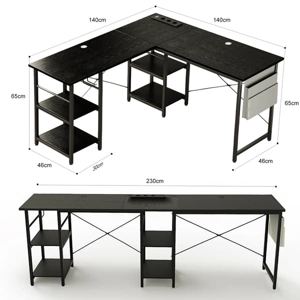 Skrivebord, L-formet design, integreret strømhub,sort