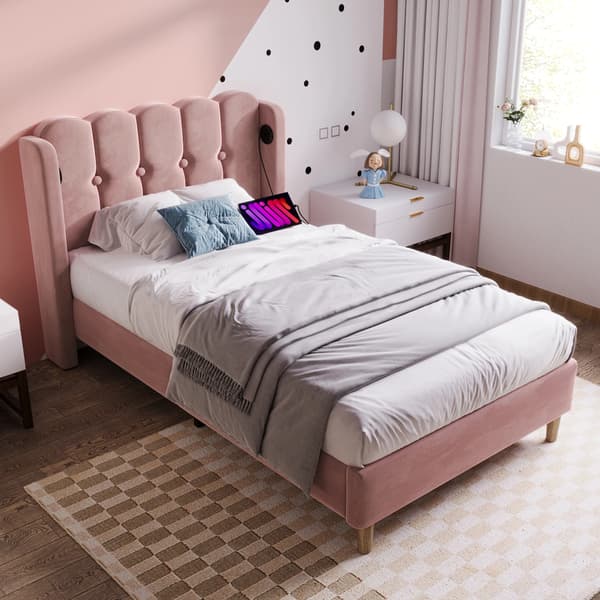 Säng, Sammetmaterial, USB Typ-C Laddning,Rosa, 90*200cm